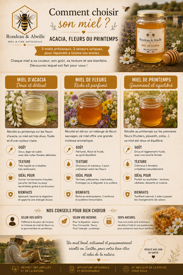 "Différents pots de miel artisanal Rondeau & Abeille : acacia, printemps, fleurs et crémeux, produits en Sarthe"