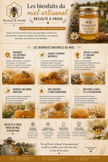 "Récolte à froid du miel artisanal Rondeau & Abeille en Sarthe, préservant enzymes et vitamines naturelles"