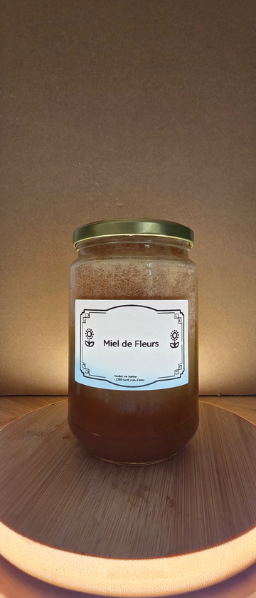 Image d'un pot de miel fleurs 1kg → "Pot de miel fleurs 1kg – Rondeau & Abeille, Sarthe"