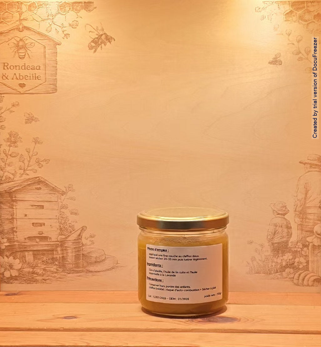 Image cire lavande 250g → "Cire naturelle pour le bois lavande 250g – Rondeau & Abeille"