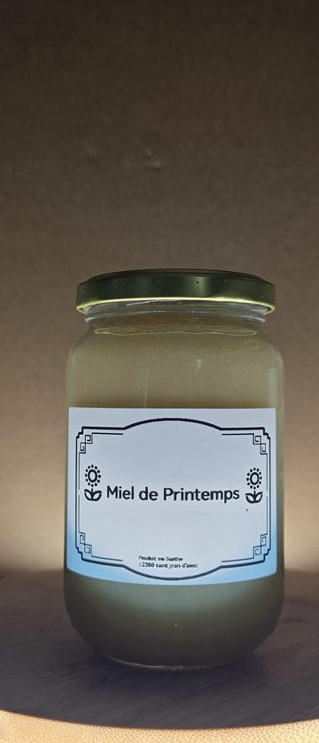 Image d'un pot de miel printemps 500g → "Pot de miel printemps 500g – Rondeau & Abeille, Sarthe"